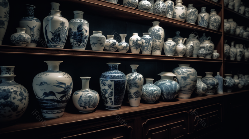 中国特色工艺青花瓷整齐排列在架子上,高清,摄影图,摄影图片,图片大全,摄影图免费下载